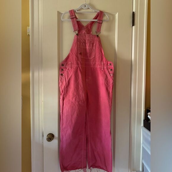 Dickie's Nantucket washed red carpenter style denim overalls distressed hem - M - Picture 1 of 16
